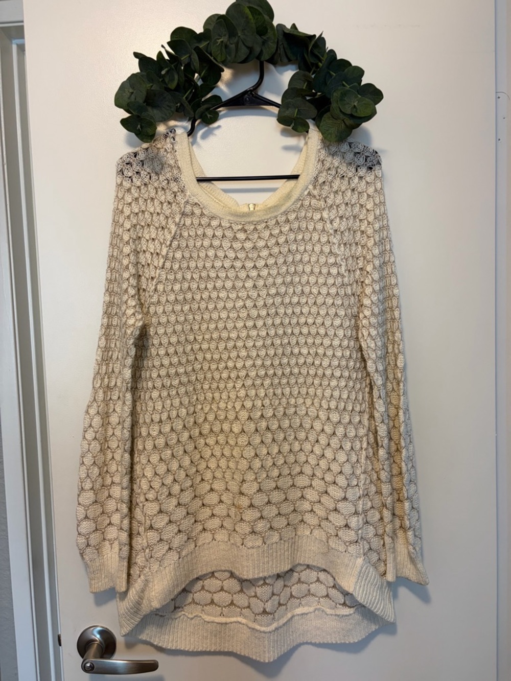 Anthropologie Cream Textured Bubble-Knit Cotton Crew Sweater